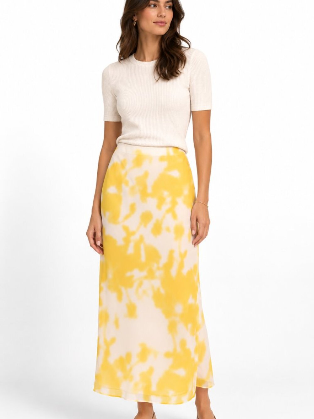 Calvin Klein Women's Printed Chiffon Midi Slip Skirt NWT Size M Yellow Ivory